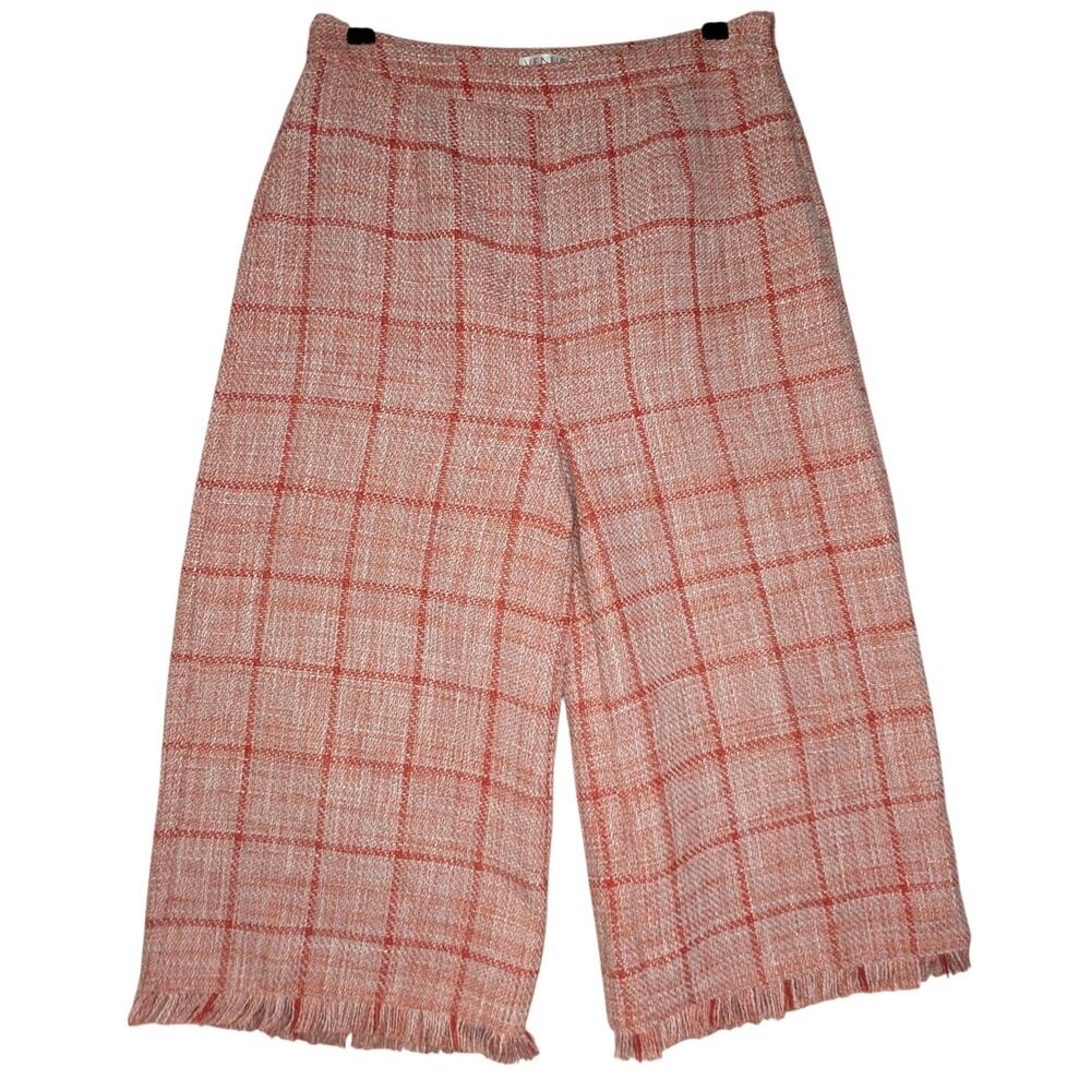 VENUS Tweed Culottes Size 12 Red Pink Plaid Fringe Hem Holiday Preppy Crop Pants